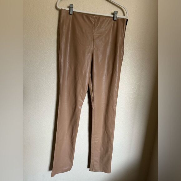 ZARA Faux Leather High Rise Straight Leg Pants Leggings Split Hem Sz XL tan NEW - Picture 1 of 7